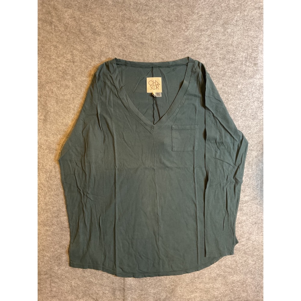 Chaser Womens Succulent Green V-Neck Long Sleeve Pocket Tee CW7913 Size L NEW